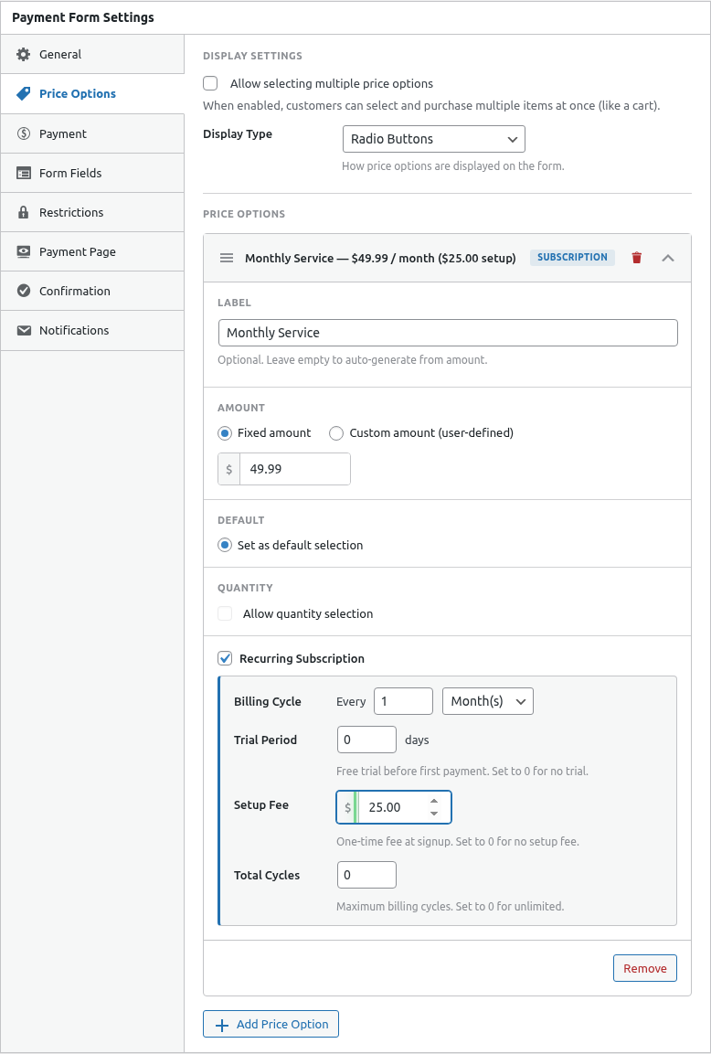 Setup fee toggle on with $25.00 entered