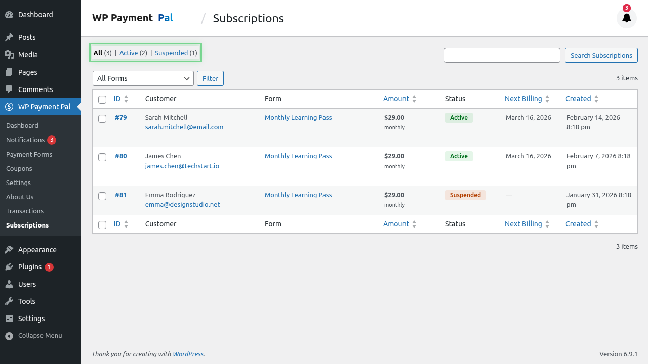 Status filter tabs highlighted