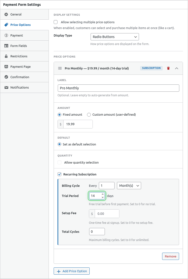 Trial toggle on with 14 days entered
