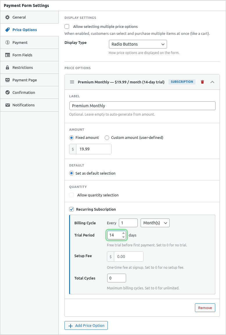 Trial period field highlighted