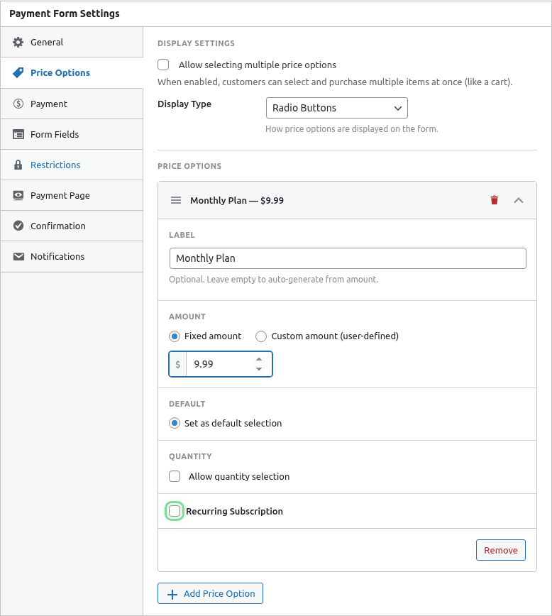Subscription type dropdown highlighted