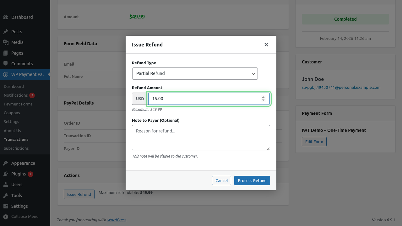 Partial amount filled