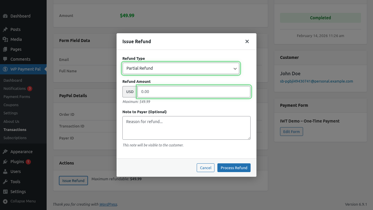 Partial refund type selected