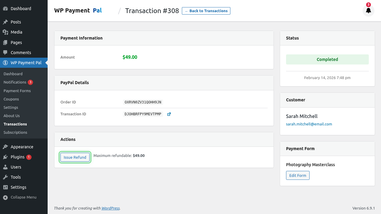 Refund button highlighted